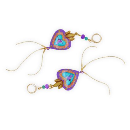 Aretes Colgante Corazón Colibrí Lila
