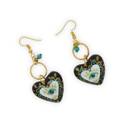 Aretes Corazón Chaquira Ojo Turco Negro