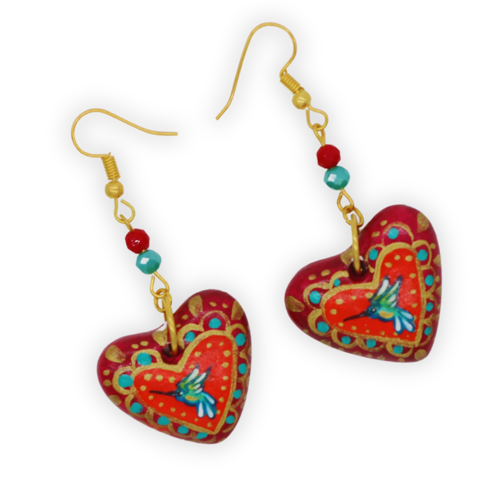 Aretes Corazón Chaquira Colibrí Rojo