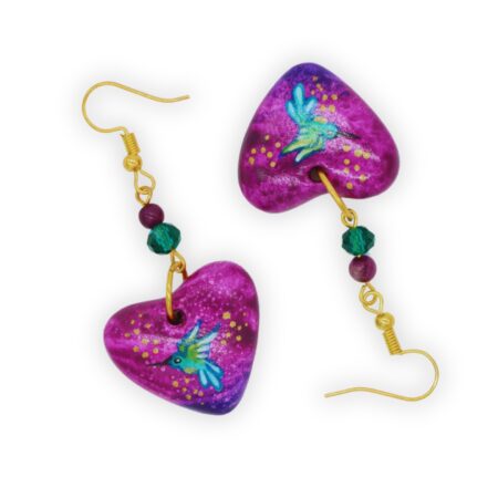 Aretes Corazón Chaquira Colibrí Morado