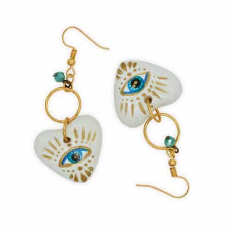Aretes Corazón Chaquira Ojo Turco Blanco