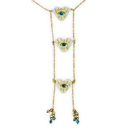 Collar 3 Corazones Ojo Turco Blanco