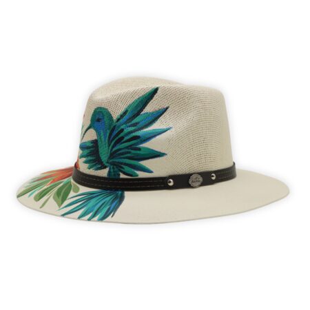 Sombrero Beige Pintado Colibrí Azul
