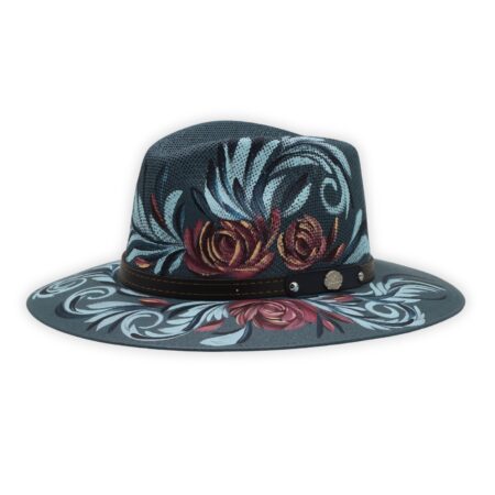 Sombrero Plata Pintado Flores Rosas